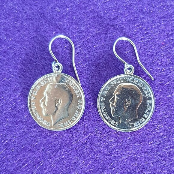 Unique Antique 1913 & 1914 British George V Threepence Sterling Coin Earrings - Picture 4 of 12